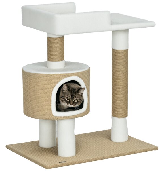 PawHut Albero tiragraffi Albero per gatti Tana per gatti, 1 Tana per gatti, 1 Lettiera, 70 cm x 49 cm x 79 cm, Naturale + Bianco | Aosom Italy