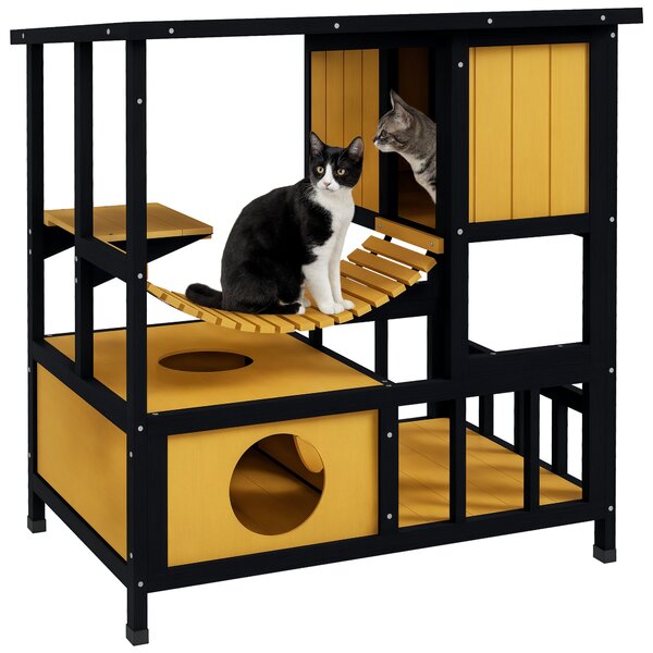 PawHut Casa per gatti Casetta per gatti Tana per gatti, resistente alle intemperie, con 1 rampa, 1 piattaforma, 84,5 x 60 x 88 cm, Verde + Naturale | Aosom Italy