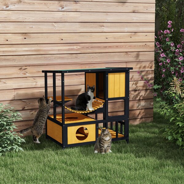 PawHut Casa per gatti Casetta per gatti Tana per gatti, resistente alle intemperie, con 1 rampa, 1 piattaforma, 84,5 x 60 x 88 cm, Verde + Naturale | Aosom Italy