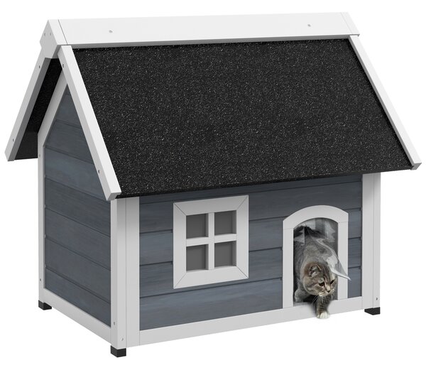 PawHut Casetta per Gatti, resistente alle intemperie, con finestra, 77x57,5x68cm (senza tetto in asfalto), Grigio/Bianco/Nero | Aosom Italy
