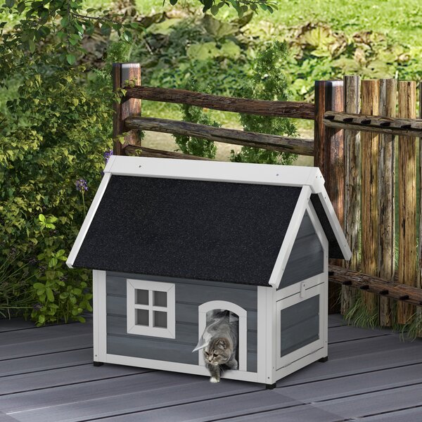 PawHut Casetta per Gatti, resistente alle intemperie, con finestra, 77x57,5x68cm (senza tetto in asfalto), Grigio/Bianco/Nero | Aosom Italy