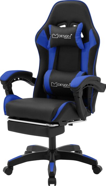 ML-Design sedia da gioco con poggiapiedi, Pelle finta nero-blu, sedia da ufficio ergonomica con bracciolo poggiatesta cuscino lombare, sedia girevole regolabile