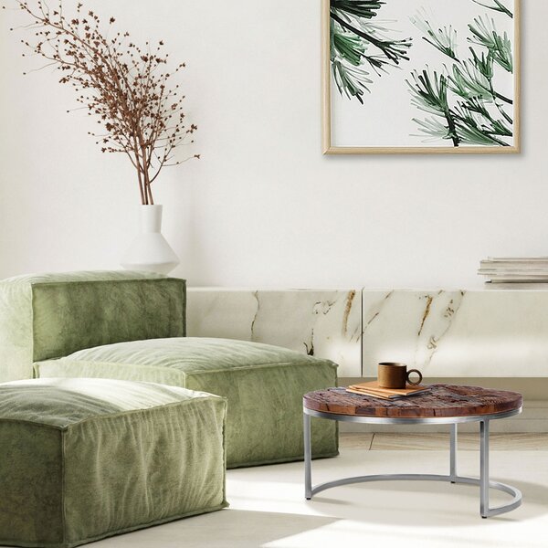 Tavolino WOMO-DESIGN Surabaya Ø 70x35cm, rotondo, fatto a mano, legno massiccio, legno d'acacia, finitura naturale/nickel
