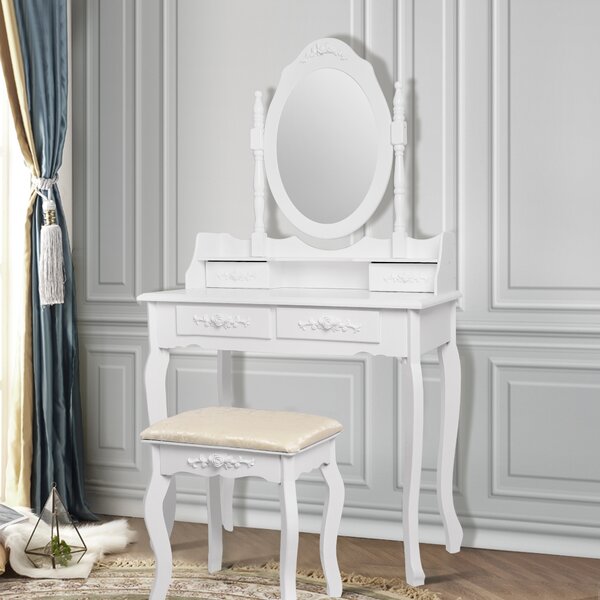 ML-Design tavolo da toilette bianco, tavolo da toilette con specchio, sgabello e 4 cassetti, 75x139x40 cm, stile country, tavolo da toilette per donne e ragazze