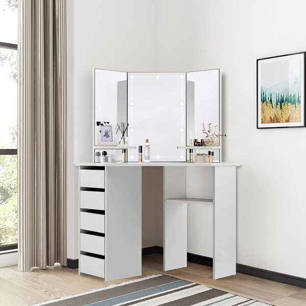 ML-Design tavolo da toilette bianco, tavolo da toilette con illuminazione a LED, 3 specchi, 5 cassetti e 3 vani portaoggetti, 110x141,5x54 cm, tavolo cosmetico in legno MDF