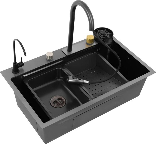 Lavello da cucina in acciaio inossidabile - Doppia vasca 75x45x21 cm - Da incasso o a filo piano - Rubinetto estraibile da 30 cm - Struttura a nido d'ape nano - Con lavabicchieri e tagliere - Gun Grey