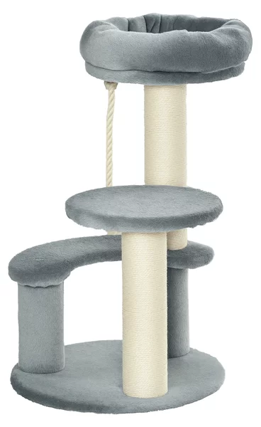 PawHut Albero Tiragraffi per Gatto a 3 Livelli in Peluche Sisal Naturale Grigio Diametro 40x65cm|Aosom
