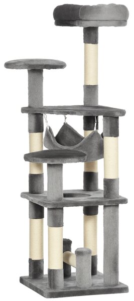 PawHut Albero Tiragraffi per Gatti a 4 Livelli con Amaca Cuccia Piattaforme Peluche Sisal Naturale Altezza 132cm Grigio |Aosom