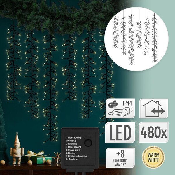 ECD Germany LED luci fiabesche tenda luminosa 1m 480 LED bianco caldo rete luminosa 8 modalità + timer IP44 corrente luci di Natale ghiaccioli
