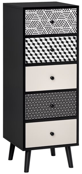 HOMCOM Mobile Cassettiera 5 Cassetti Fantasia Geometrica, Arredamento Moderno Camera e Ingresso, 39.5x39.5x110cm Nero Grigio