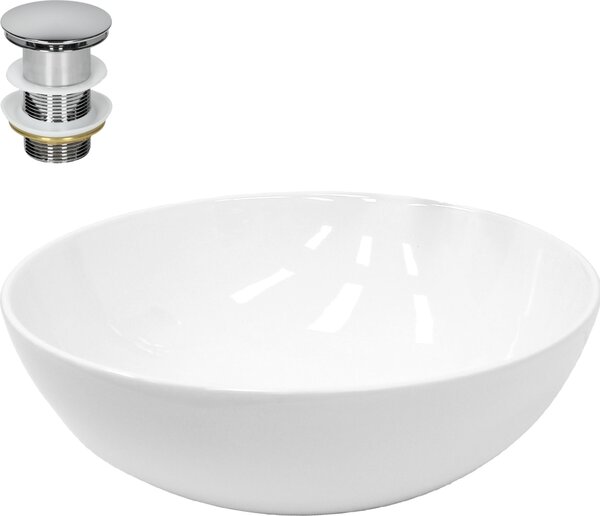 Lavabo LuxeBath Lavabo da appoggio rotondo, Ø 40x14,7 cm, bianco, in Vetroceramica, incl. set di scarico senza troppopieno