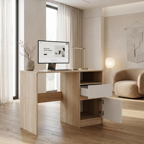 Scrivania compatta 100x50 cm | Scrivania moderna per computer e ufficio | Scrivania per PC per l'home office e la camera dei ragazzi | Bianco / Rovere Sonoma