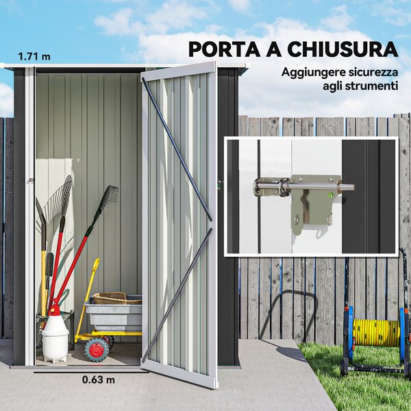 Outsunny Casetta da Giardino con tetto inclinato, Porta Attrezzi Capanno in Acciaio Impermeabile, 142x84x189 cm, Grigio | Aosom Italy