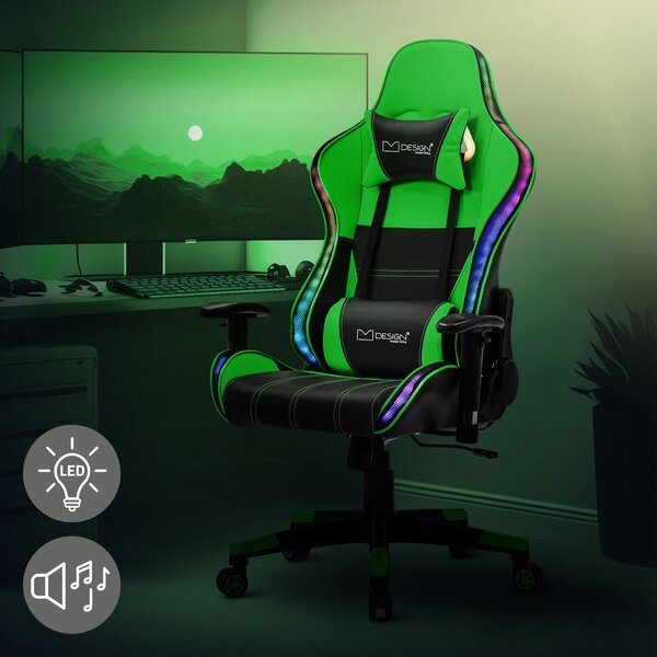 Sedia da gioco ML-Design con illuminazione LED RGB e altoparlanti Bluetooth, nero/verde, sedia da ufficio ergonomica, schienale, poggiatesta, cuscino lombare