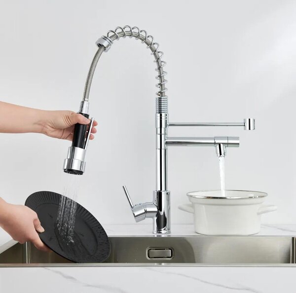 AjieQaQ, miscelatore da cucina ad alta pressione, cromato, con 2 getti, molla a spirale, doccetta estraibile, 2 tipi di getto, girevole a 360°