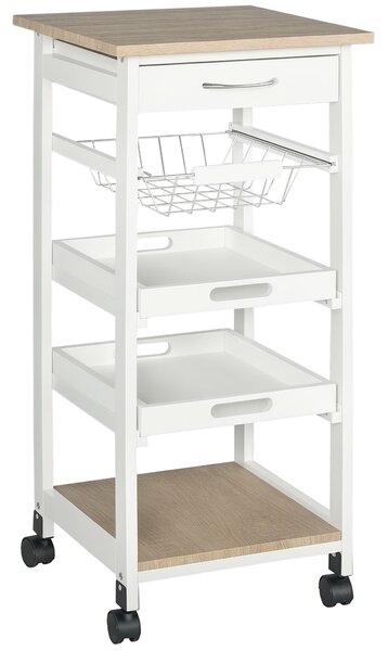 HOMCOM Carrello da Cucina salvaspazio in legno MDF bianco: 1 cassetto, 1 cestello, 2 vassoi, ripiano e 4 ruote, 37 x 37 x 82cm|Aosom