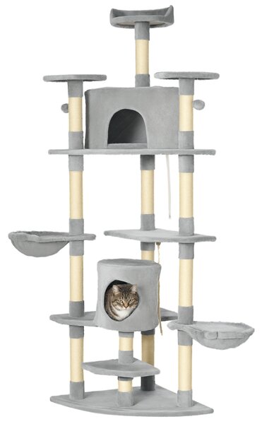 PawHut Tiragraffi per Gatti Alto con Casette e Amache Spazioso 60x60x200cm in Grigio Chiaro per Divertimento e Relax dei Tuoi Felini|Aosom