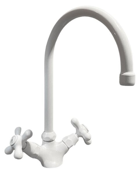 Rubinetto Cucina Miscelatore Doppio Comando Lavello Canna Tonda in Ottone Paini Monaco Bianco