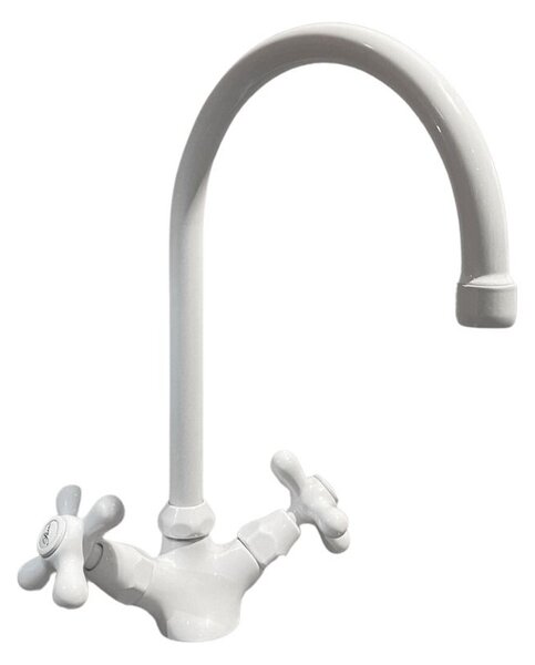 Rubinetto Cucina Miscelatore Doppio Comando Lavello Canna Tonda in Ottone Paini Monaco Bianco