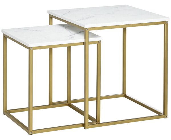 HOMCOM Tavolino da Salotto Set 2 Pz Impilabile con Piano Effetto Marmo in Truciolato e Struttura in Acciaio, 45x45x50 cm e 37x37x43 cm, Bianco e Oro