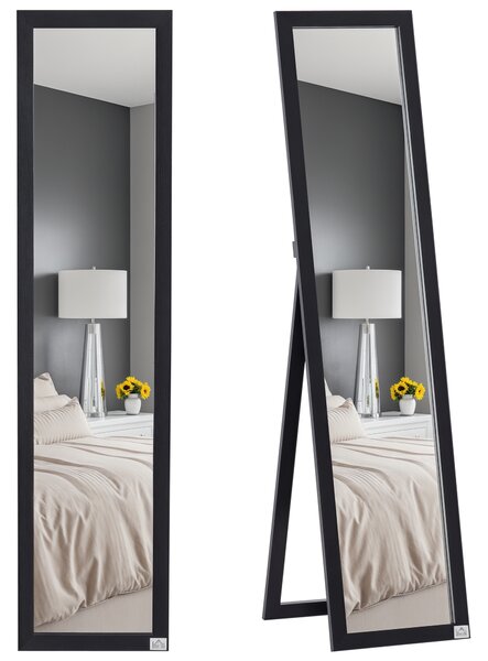 HOMCOM Specchio da Terra e Parete con Supporto Richiudibile in MDF Nero per Arredo Casa e Ufficio Design Elegante e Moderno|Aosom