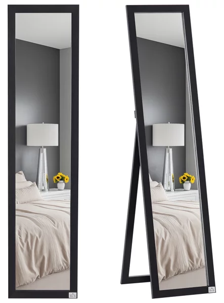 HOMCOM Specchio da Terra e Parete con Supporto Richiudibile in MDF Nero per Arredo Casa e Ufficio Design Elegante e Moderno|Aosom