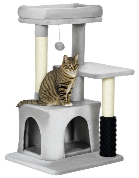 PawHut Albero Tiragraffi per Gatti Multilivello con Lettino e Casetta, Rivestimento in Peluche, Grigio|Aosom