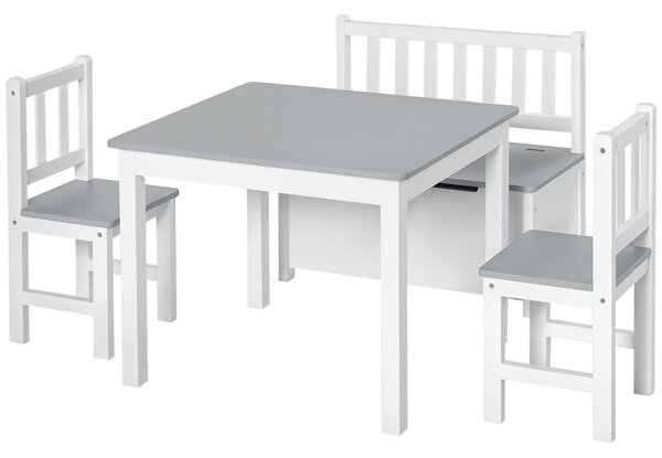 HOMCOM Set con Tavolo per Bambini con contenitore, 2 Sedie e Cassapanca, Legno, Spazio Creativo in Cameretta, Bianco e Grigio|Aosom Italy