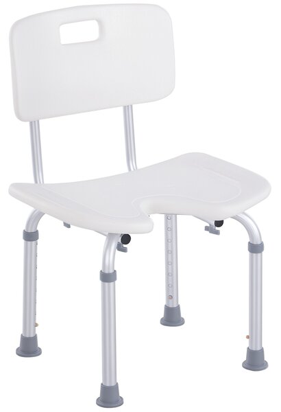 HOMCOM Sedia Doccia Regolabile su 8 Livelli con Fori di Drenaggio, in Alluminio e PE, 48x42x71-83.5 cm, Bianco e Argento
