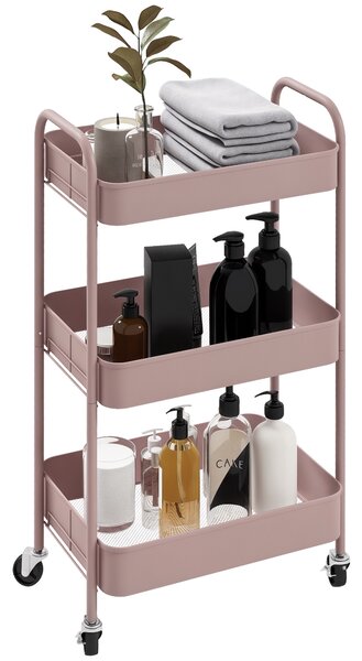 HOMCOM Carrello da Cucina a 3 Livelli con Maniglie e 4 Rotelle, in Acciaio, 45x30.6x79 cm, Rosa