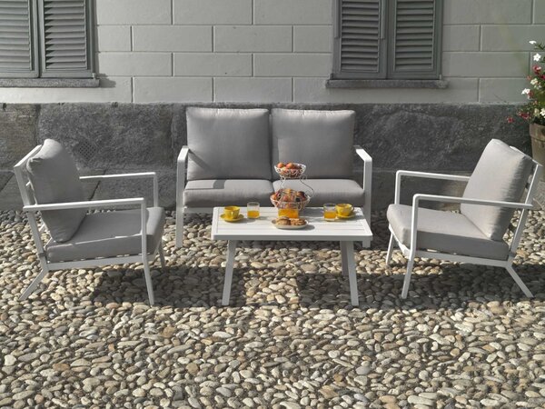 Set Salotto da Giardino Divano 2 Poltrone e Tavolino in Alluminio New Boston Bianco
