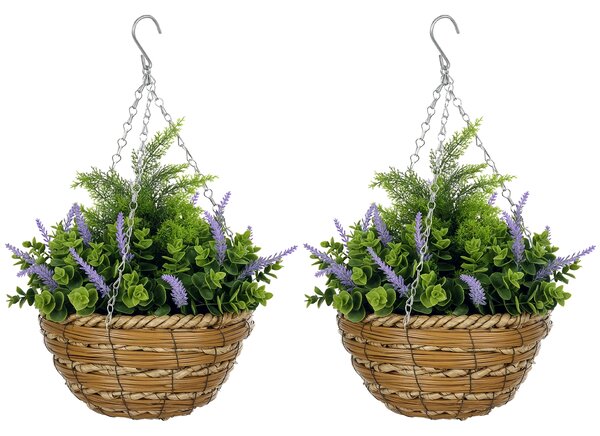 Outsunny Set 2 Piante Finte di Lisianthus con Vaso e Gancio, in PE e Vimini, Ø25x34 cm, Verde e Viola