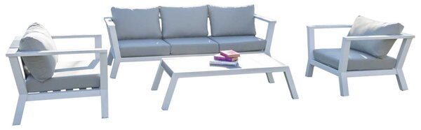 Set Salotto da Giardino Divano 2 Poltrone e Tavolino in Alluminio Riverton Bianco