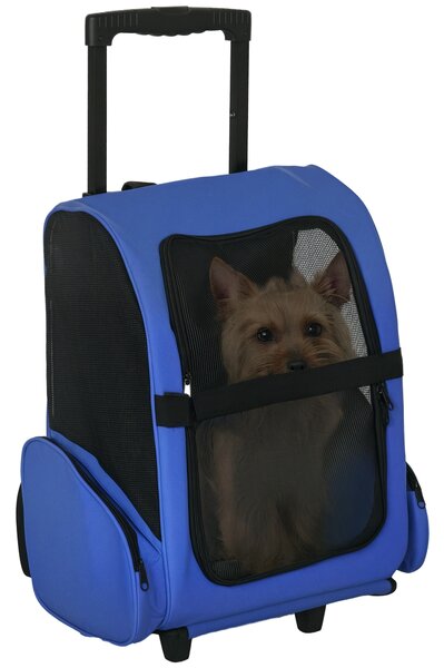 PawHut Trasportino Zaino 2 in 1 per Cani e Gatti con Tasche Laterali, Maniglia Telescopica e Ruote, 42x25x55cm, Blu|Aosom