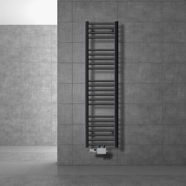 LuxeBath radiatore bagno attacco centrale 300 x 1400 mm antracite dritto con set di attacchi termostatici angolo universale e dritto, senza elemento riscaldante