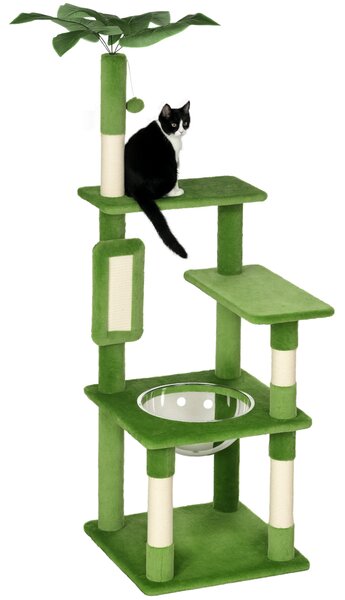PawHut Albero per Gatti Multilivello con Amaca, Tiragraffi, Pallina e Foglie Decorative, 49x49x142 cm, Verde