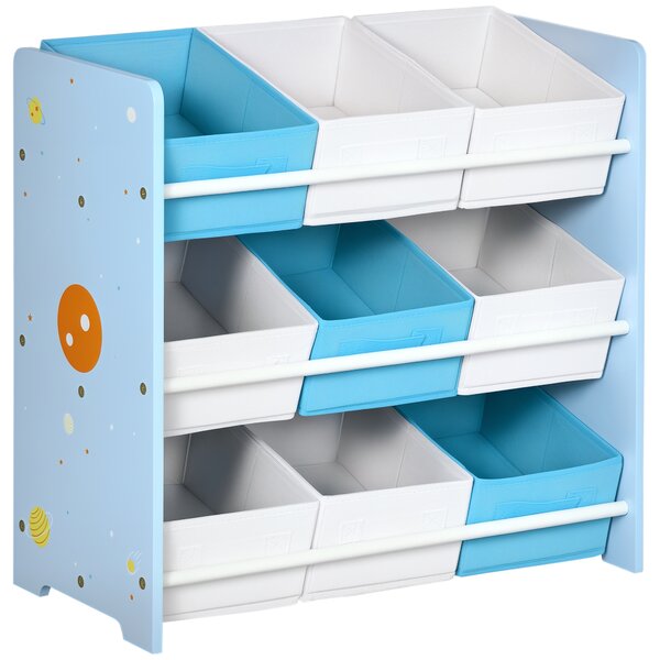 ZONEKIZ Mobiletto Portagiochi con 9 Cestini Rimovibili in MDF e Tessuto, 63x30x60cm, Azzurro | Aosom Italy