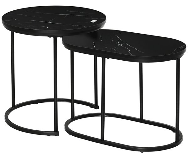 HOMCOM Set 2 Tavolini da Caffè con Piano Effetto Marmo, in Legno e Acciaio, Ø50x50.5 cm e 60x36x43.5 cm, Nero | Aosom Italy