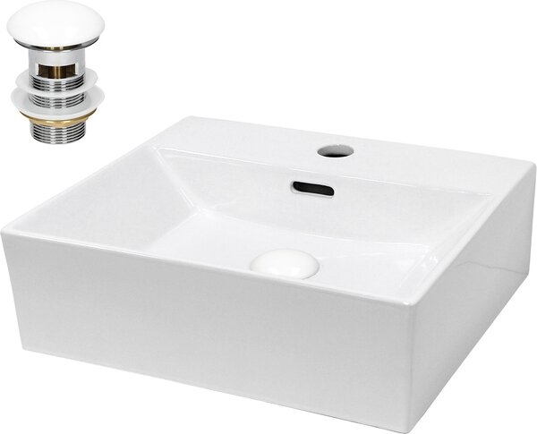 Lavabo LuxeBath Lavabo da appoggio Square, 41,5x36x13 cm, bianco, in Vetroceramica, incl. set di scarico con troppopieno