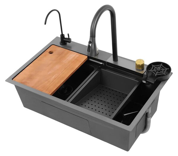 Lavello da cucina in acciaio inossidabile - 75 cm, vasca singola - 21 cm di profondità - Struttura a nido d'ape - Con rubinetto e soffione con diverse modalità di erogazione - Resistente agli urti, controllo della temperatura - Grigio scuro