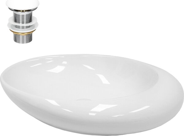 Lavabo LuxeBath Lavabo da appoggio ovale, 58,5x37,5x14,5 cm, bianco, in Vetroceramica, incl. set di scarico senza troppopieno