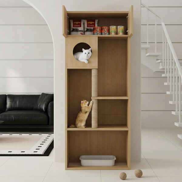 Arredamento per gatti con tiragraffi e spazio contenitore, dimensioni 80 x 45 x 193 cm, realizzato in MDF con finitura effetto legno naturale
