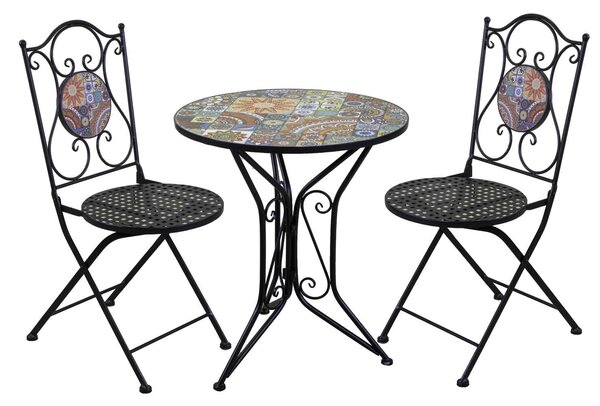 Set Tavolino e 2 Sedie Ø60xh71 cm in Metallo con Mosaico Galatone Nero