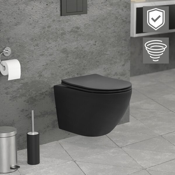 LuxeBath WC sospeso senza bordo, nero, corto, a filo tornado, con nano rivestimento
