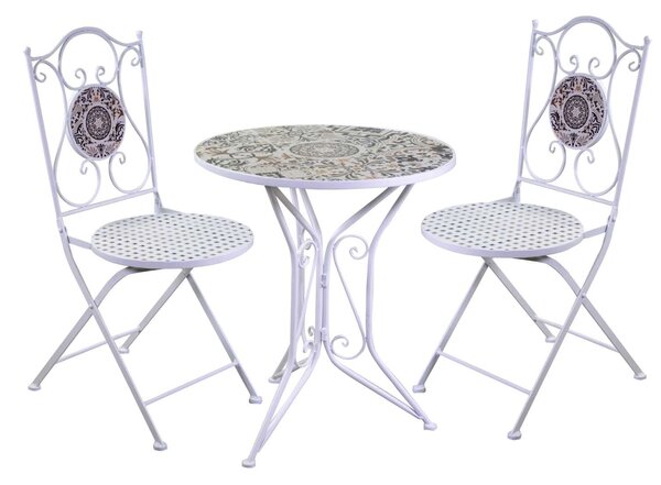 Set Tavolino e 2 Sedie Ø60xh71 cm in Metallo con Mosaico Frigole Bianco