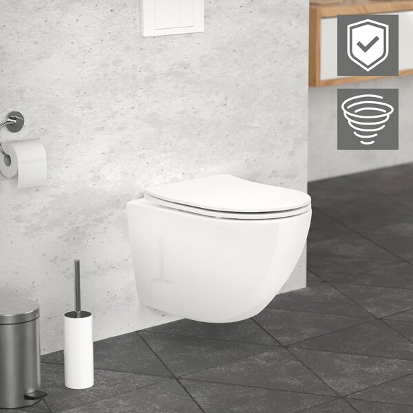 LuxeBath WC sospeso senza bordo, bianco, corto, filo Tornado, con nano rivestimento