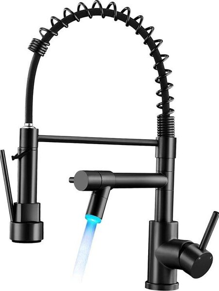 Rubinetto da cucina professionale a LED, rubinetto girevole a 360 gradi con due bocche, arco alto con molla a spirale, rubinetto da cucina con lavello, nero
