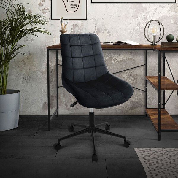 Sedia da ufficio ML-Design in velluto nero con struttura in metallo; sedia imbottita con schienale regolabile in altezza e rotante a 360°, ergonomica, ideale per l'home office o l'ufficio