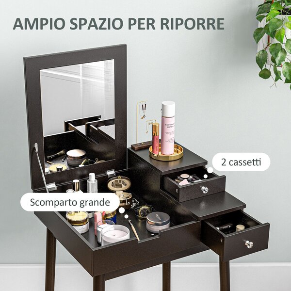 HOMCOM Tavolo da Trucco 2 in 1 con Specchio Ribaltabile e 2 Cassetti, 60x50x85.5 cm, Nero | Aosom Italy