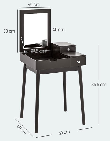 HOMCOM Tavolo da Trucco 2 in 1 con Specchio Ribaltabile e 2 Cassetti, 60x50x85.5 cm, Nero | Aosom Italy